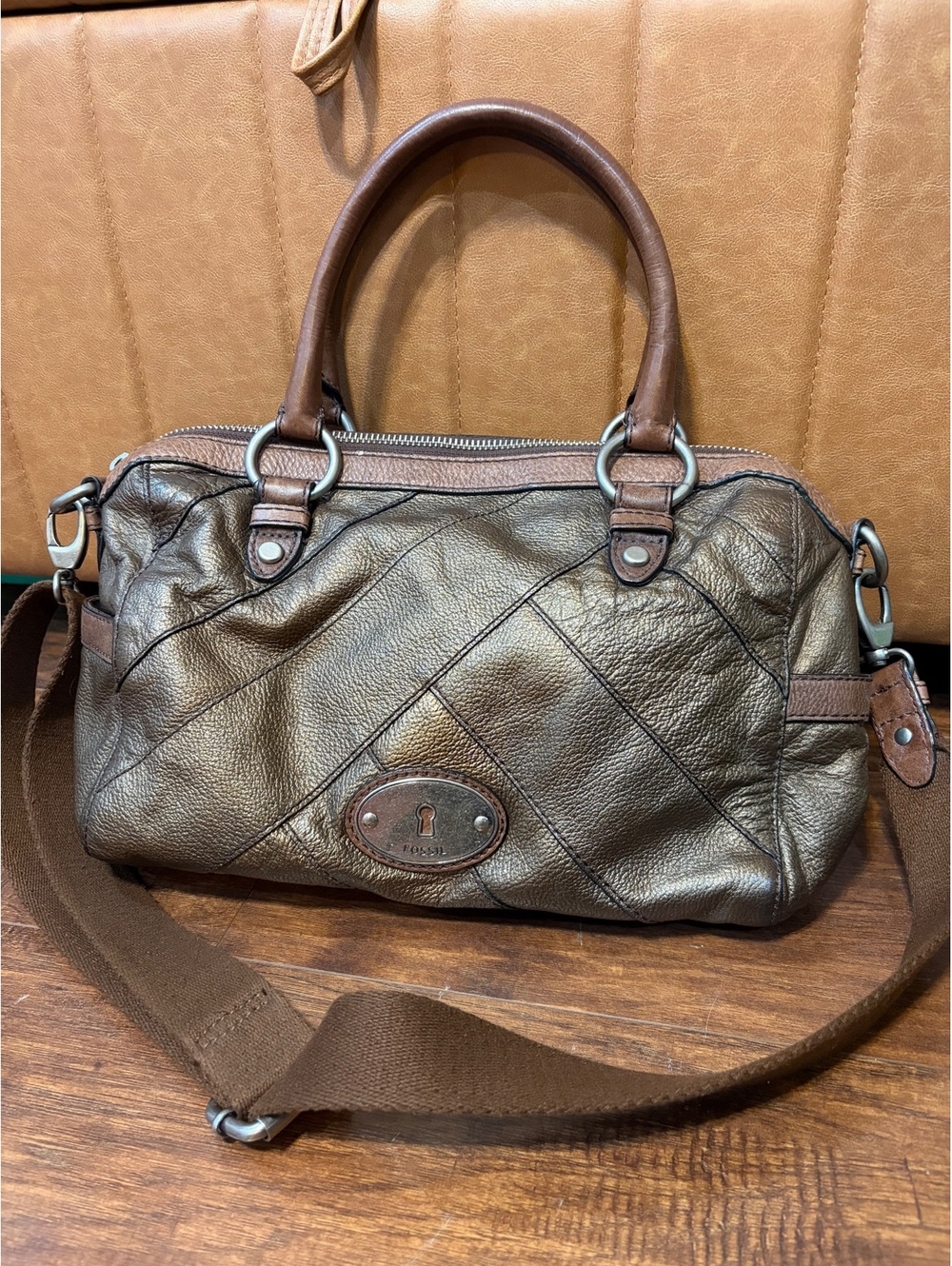 Fossil Maddox metallic aged bronze patchwork leather satchel